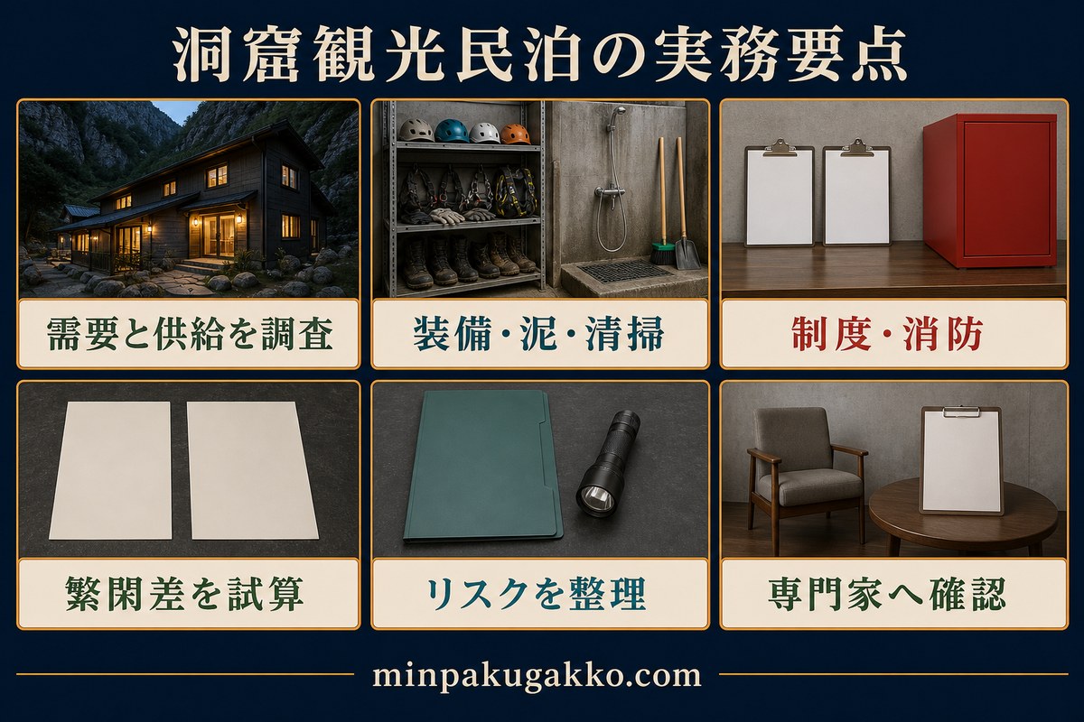 需要と供給、装備と泥と清掃、制度と消防、繁閑差、リスク、専門家確認を整理した洞窟観光民泊のまとめ図