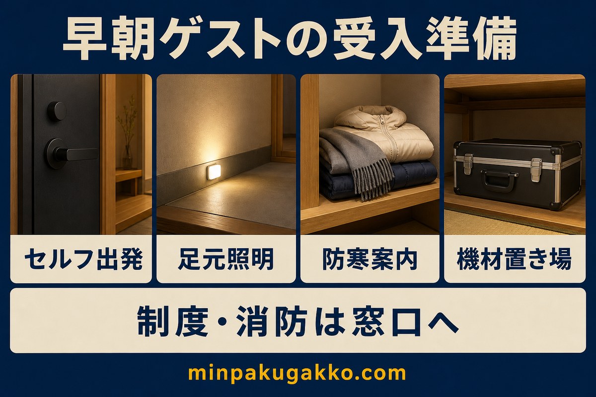 早朝ゲスト向けのセルフ出発、足元照明、防寒案内、機材置き場、制度消防確認を整理した図解