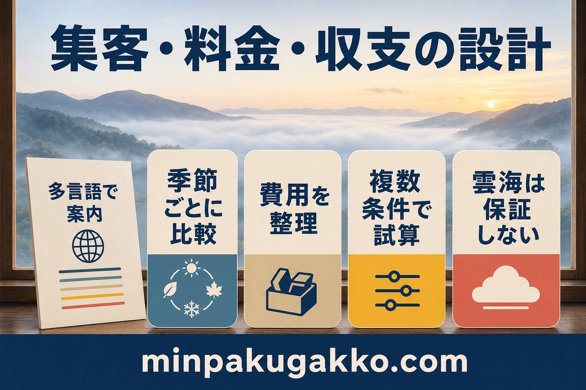 雲海観光向け民泊の多言語案内、季節比較、費用整理、複数条件の収支試算をまとめた図解