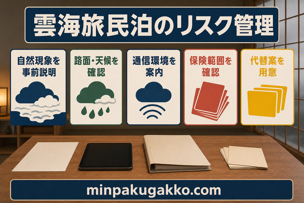 雲海観光向け民泊の自然現象説明、路面天候、通信環境、保険範囲、代替案を整理した図解