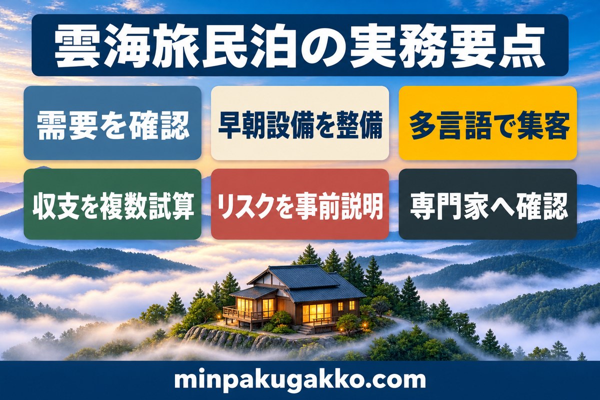 雲海観光向け民泊の需要、早朝設備、多言語集客、収支試算、リスク説明、専門家確認をまとめた図解