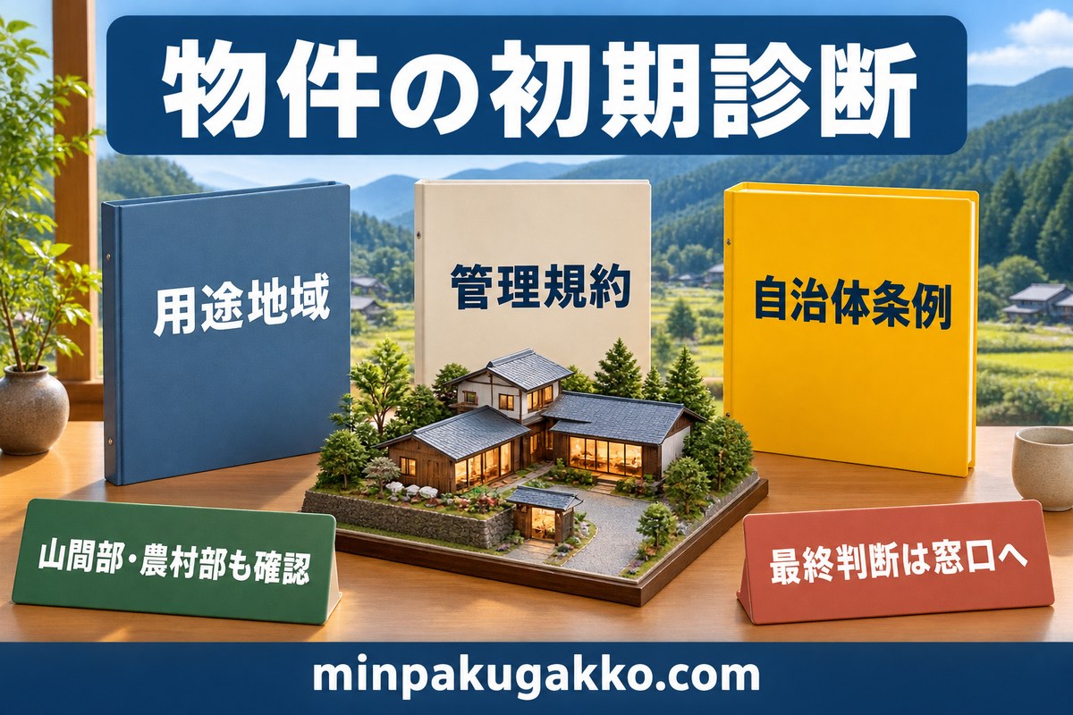 物件の用途地域、管理規約、自治体条例と山間部農村部の条件を確認する初期診断の図解