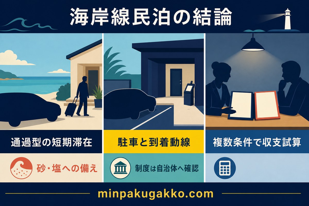 通過型の短期滞在、駐車と到着動線、砂と塩への備え、制度確認、複数条件の収支試算を整理した結論図