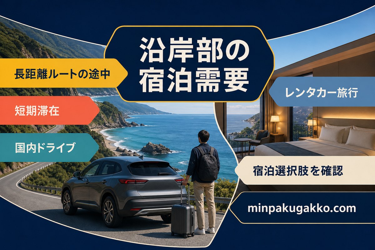 長距離ルートの途中の短期滞在、国内ドライブ、レンタカー旅行と沿岸部の宿泊選択肢を整理した需要図