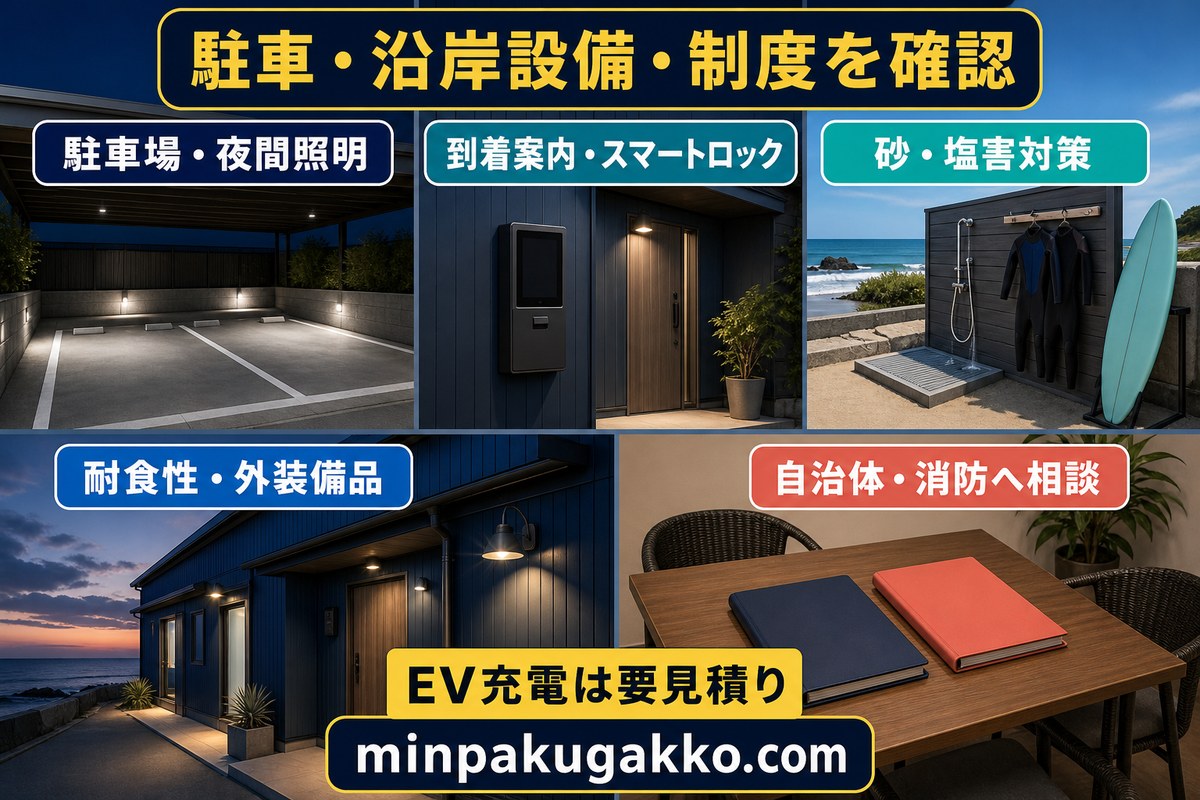 駐車場と夜間照明、到着案内、スマートロック、砂と塩害対策、自治体と消防への相談を整理した設備制度図