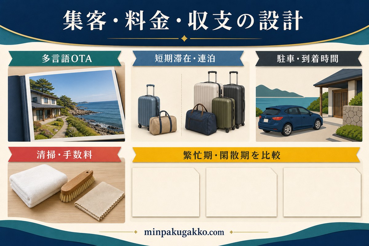 多言語OTA、短期滞在と連泊、駐車、到着時間、清掃費、手数料、繁忙期と閑散期を分けて収支を考える図