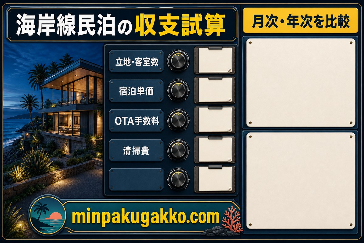立地、客室数、宿泊単価、OTA手数料、清掃費から月次と年次を比較する海岸線民泊の収支試算図