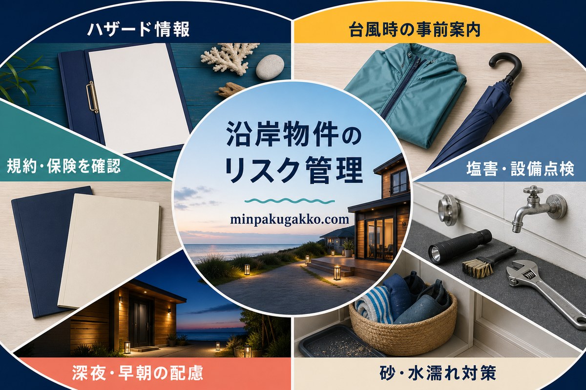 ハザード情報、台風時の事前案内、塩害点検、砂と水濡れ、深夜と早朝、規約と保険を整理したリスク管理図