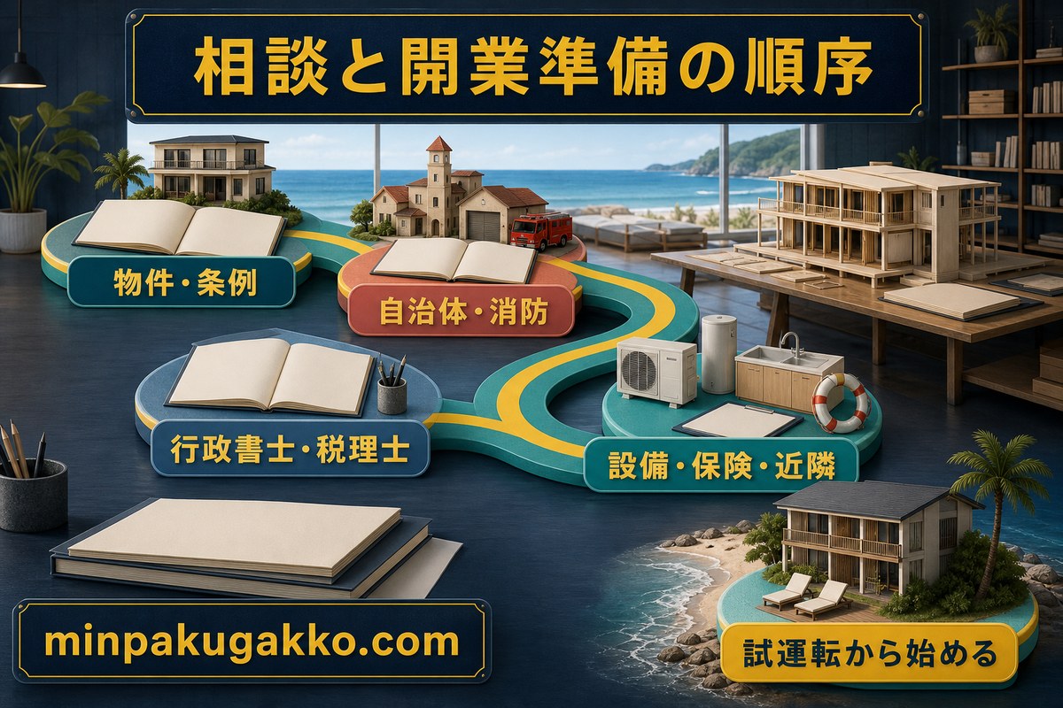 物件と条例、自治体と消防、行政書士と税理士、設備、保険、近隣対応を確認して試運転から始める図