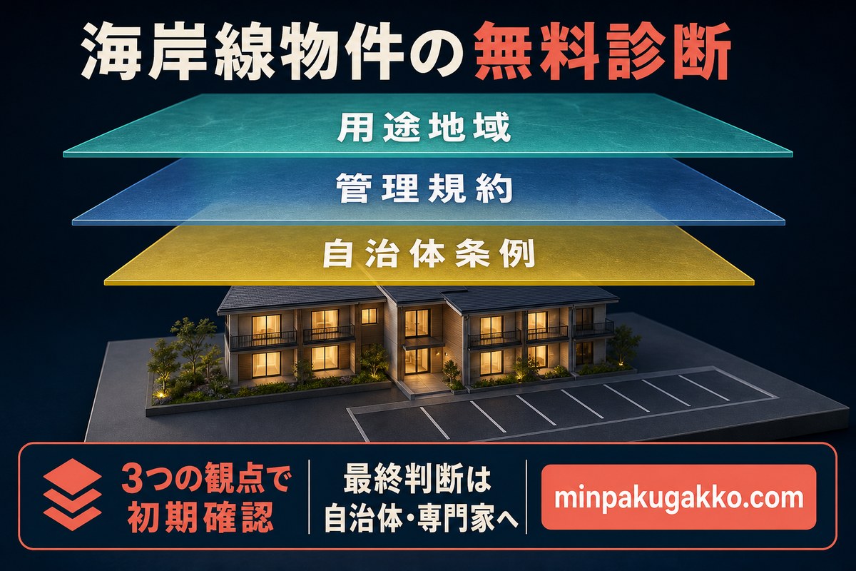用途地域、管理規約、自治体条例の三つの観点で海岸線物件を初期確認する無料診断図