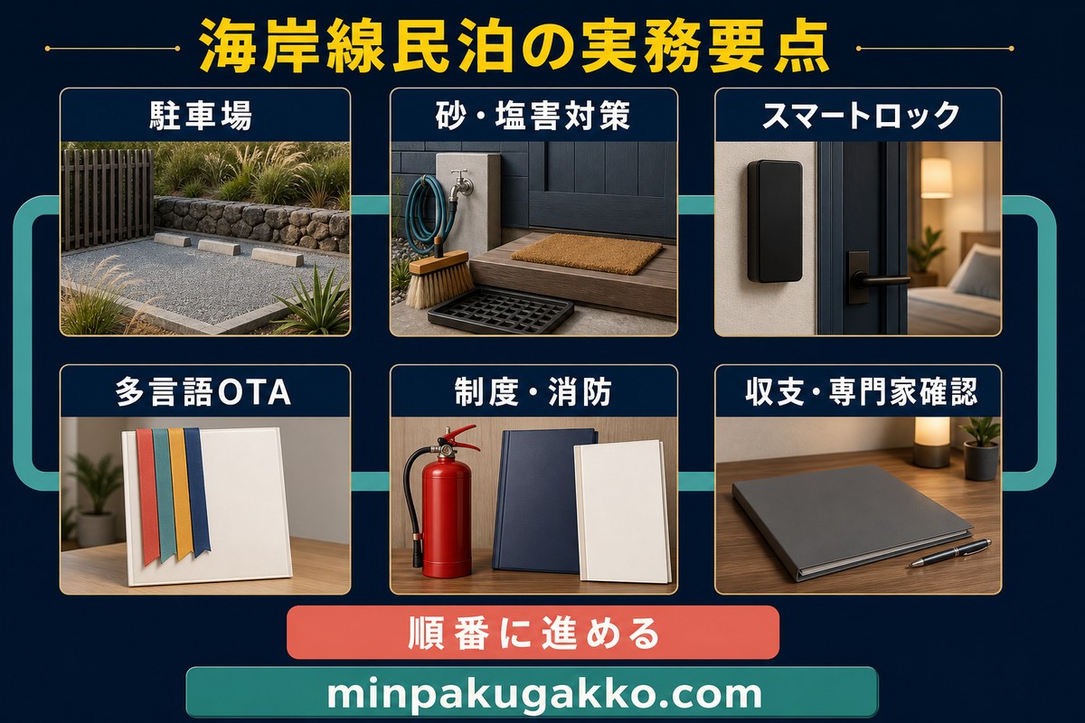 駐車場、砂と塩害対策、スマートロック、多言語OTA、制度と消防、収支と専門家確認を順番に進めるまとめ図