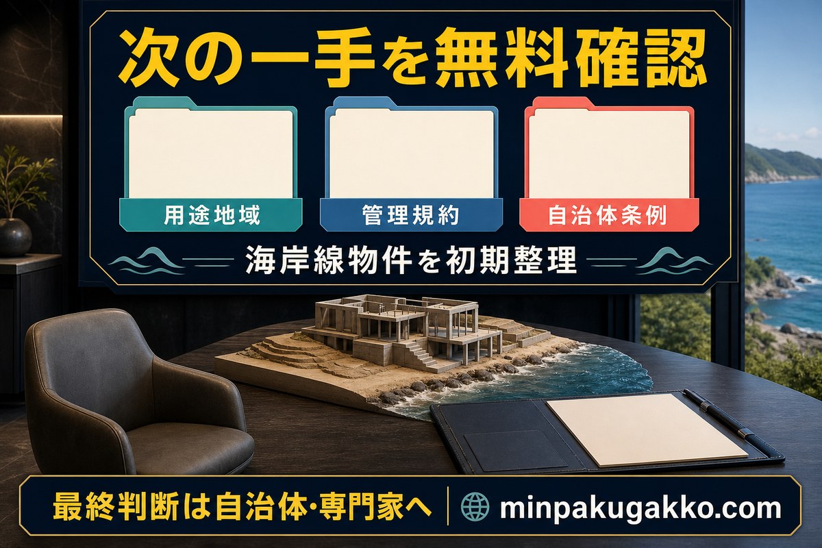 用途地域、管理規約、自治体条例から海岸線物件の次の確認先を初期整理する無料診断図