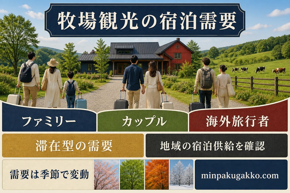 ファミリー、カップル、海外旅行者の滞在型需要と地域の宿泊供給、季節変動を整理した牧場観光の宿泊需要図