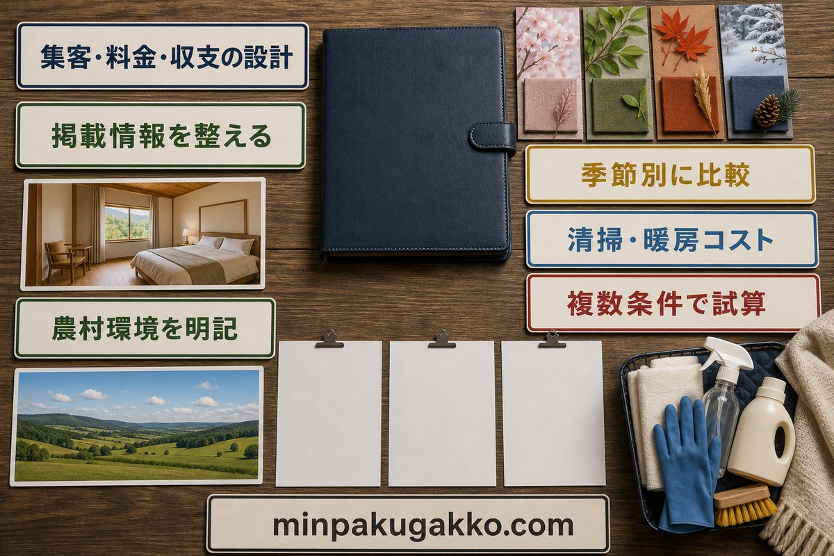 掲載情報、農村環境、季節別料金、清掃費、暖房費を複数条件で試算する集客収支図