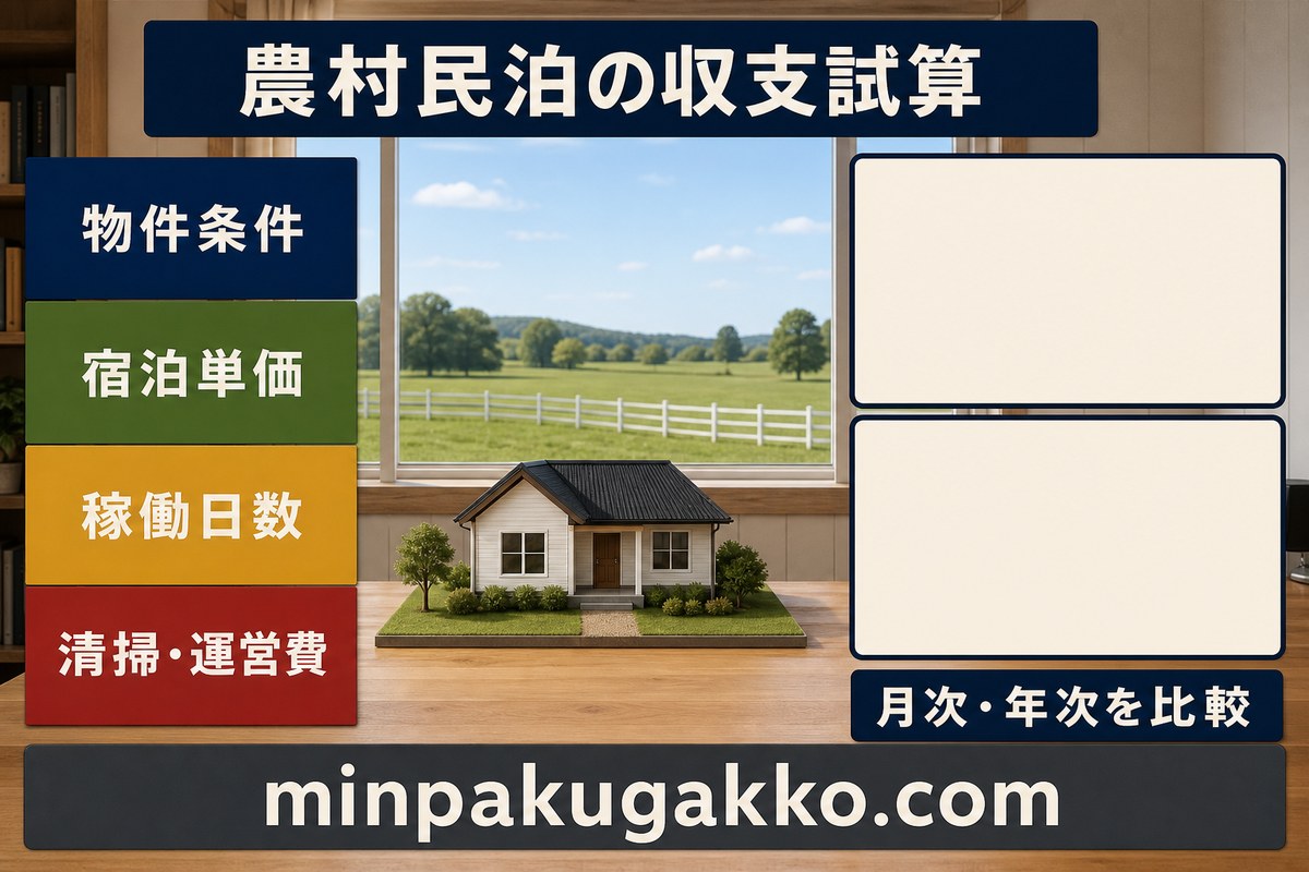 物件条件、宿泊単価、稼働日数、清掃費、運営費から月次と年次を比較する農村民泊の収支試算図