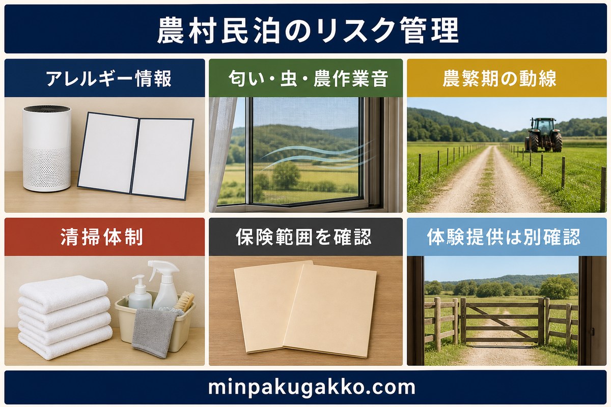 アレルギー、匂いと虫と農作業音、農繁期の動線、清掃、保険、体験提供を整理した農村民泊のリスク管理図
