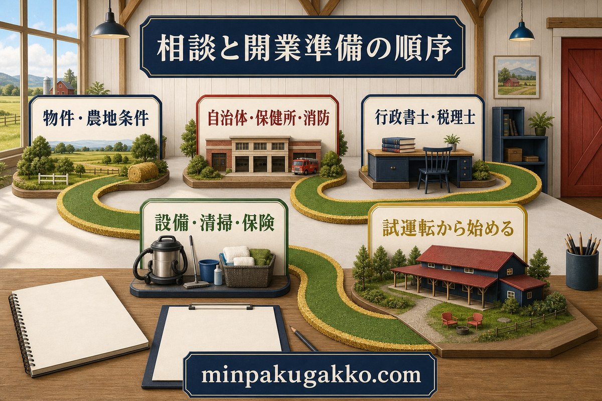 物件と農地条件、自治体と保健所と消防、行政書士と税理士、設備と清掃と保険を確認して試運転から始める開業準備図