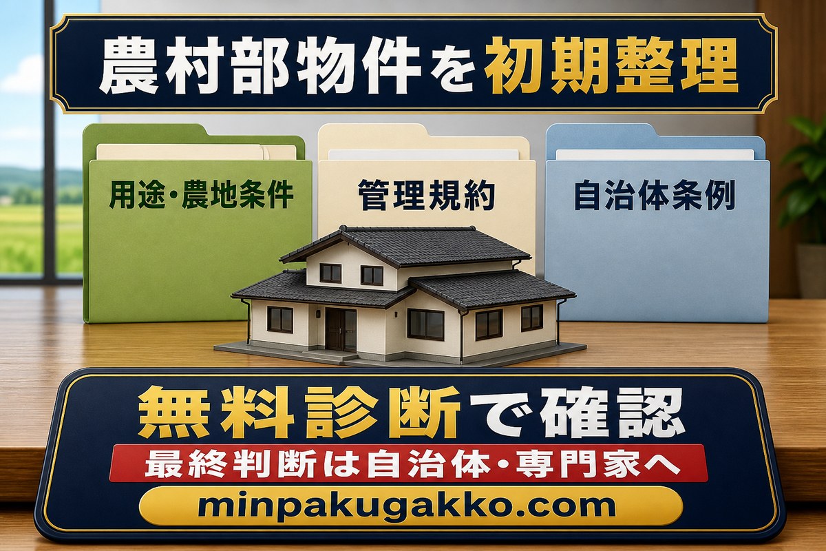用途と農地条件、管理規約、自治体条例から農村部物件を初期整理し、自治体と専門家の最終確認につなげる無料診断図