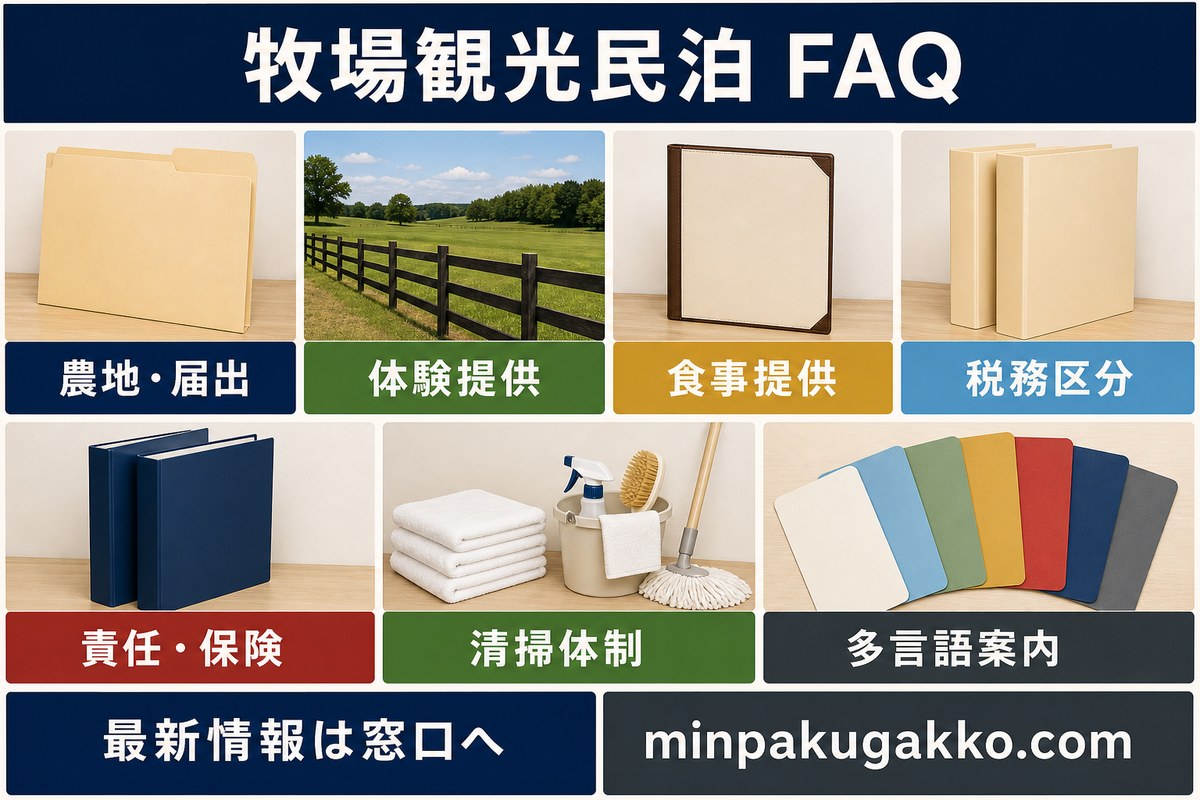 農地と届出、体験提供、食事提供、税務区分、責任と保険、清掃、多言語案内を整理した牧場観光民泊のFAQ図