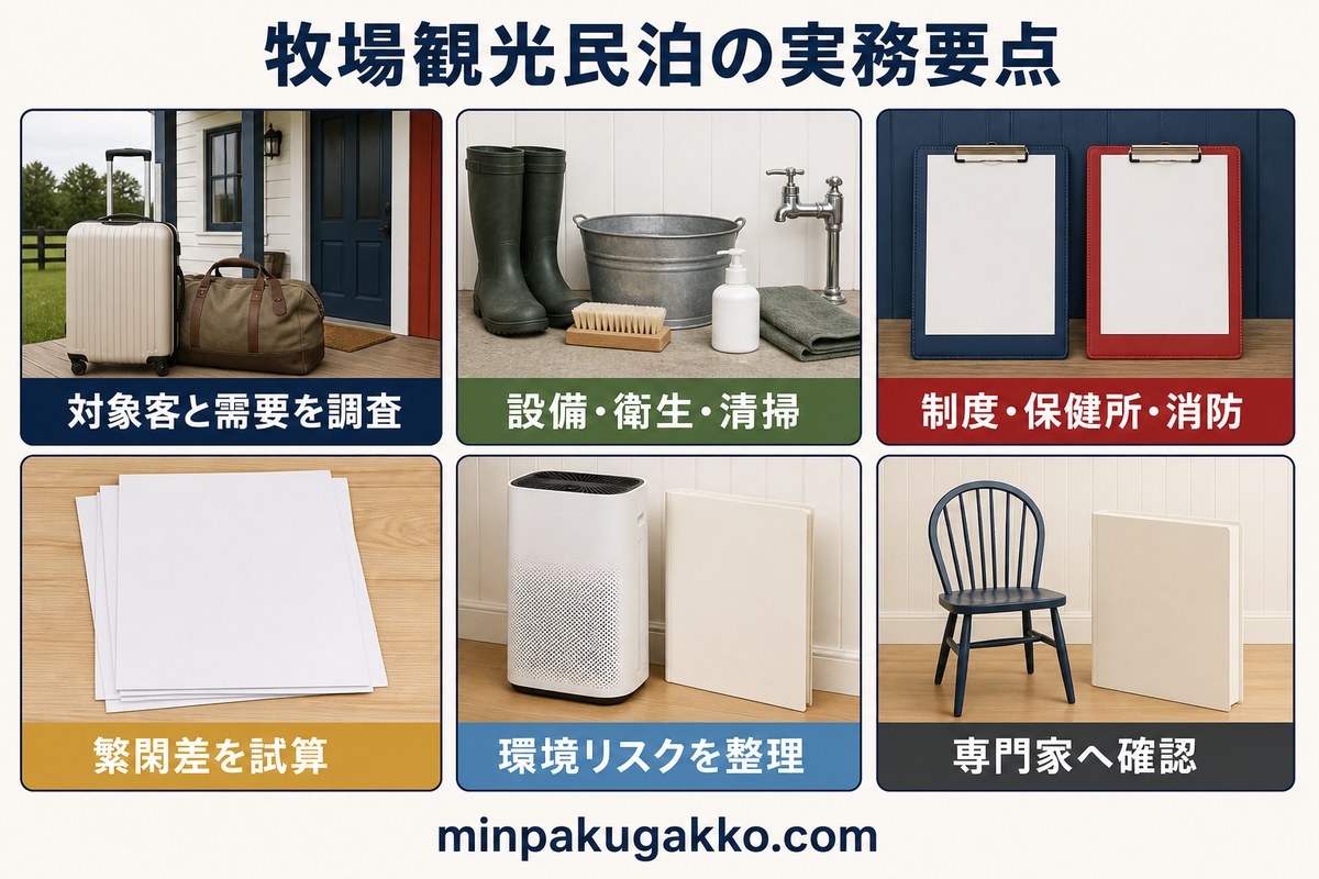 対象客と需要、設備と衛生と清掃、制度と保健所と消防、繁閑差、環境リスク、専門家確認を整理した牧場観光民泊のまとめ図