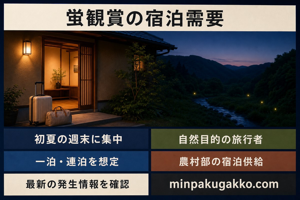 初夏の週末需要、自然目的の旅行者、一泊と連泊、農村部の宿泊供給を整理した蛍観賞の宿泊需要図