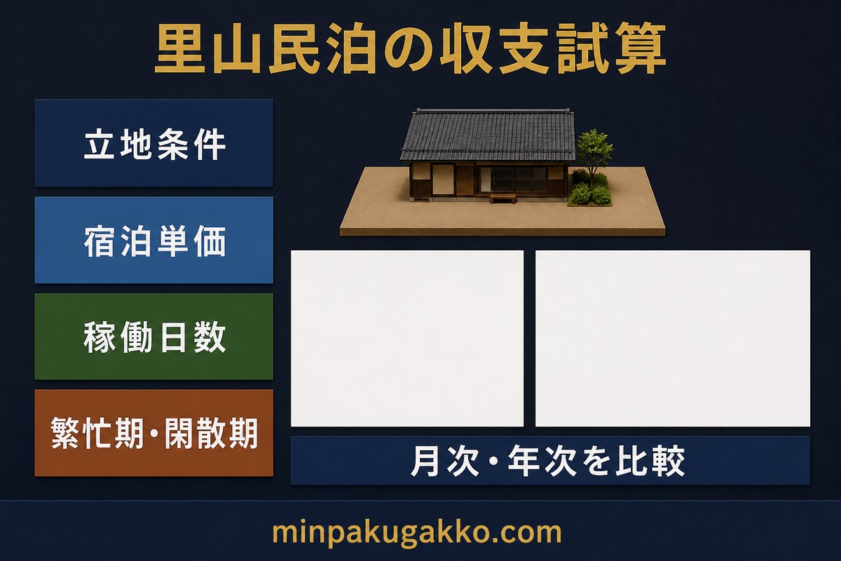 立地条件、宿泊単価、稼働日数、繁忙期と閑散期から月次と年次を比較する里山民泊の収支試算図