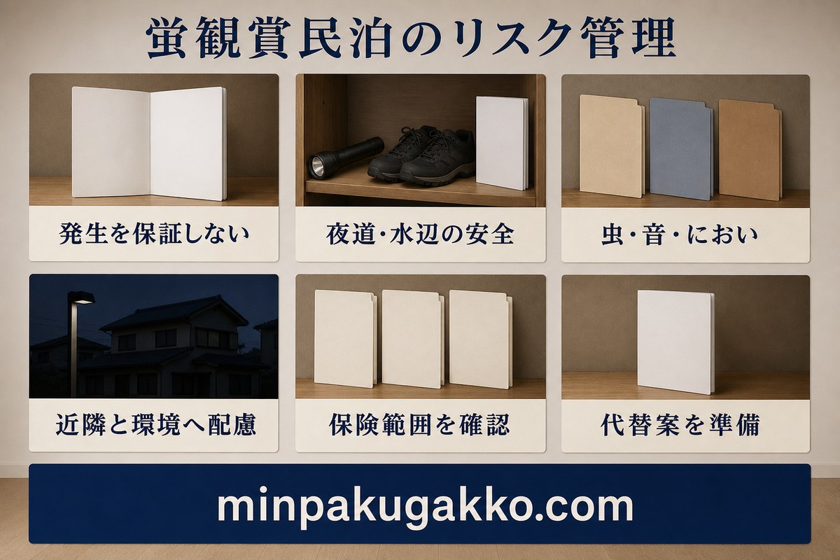 発生状況、夜道と水辺の安全、虫と音とにおい、近隣と環境、保険、代替案を整理したリスク管理図