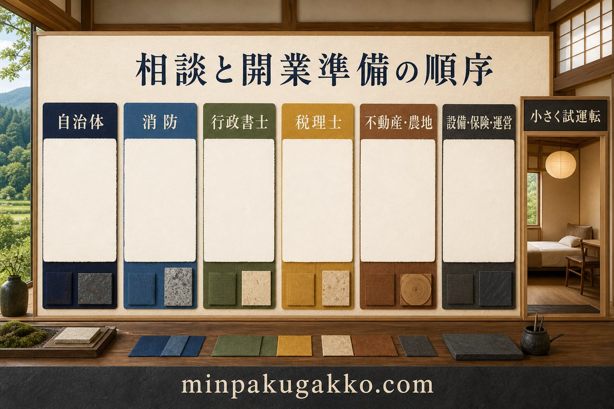 自治体、消防、行政書士、税理士、不動産と農地、設備と保険と運営を確認して小さく試運転する開業準備図