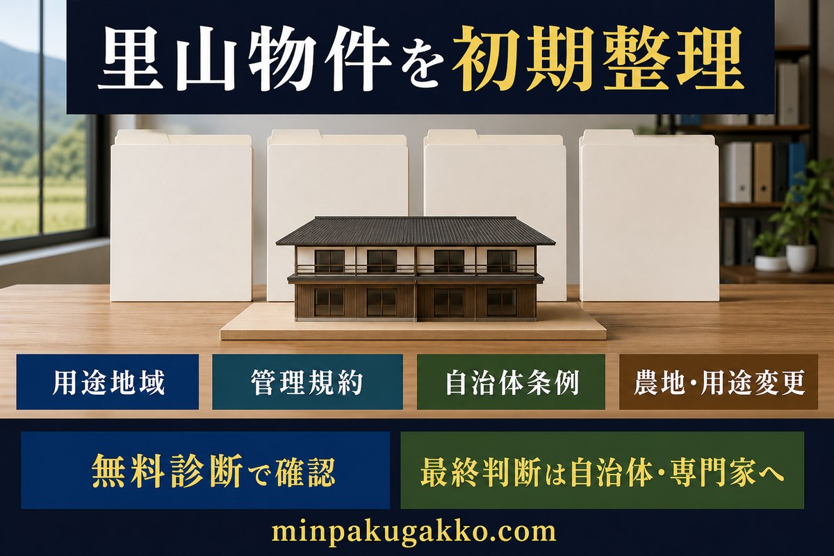 用途地域、管理規約、自治体条例、農地と用途変更から里山物件を初期整理し、自治体と専門家の最終確認につなげる無料診断図