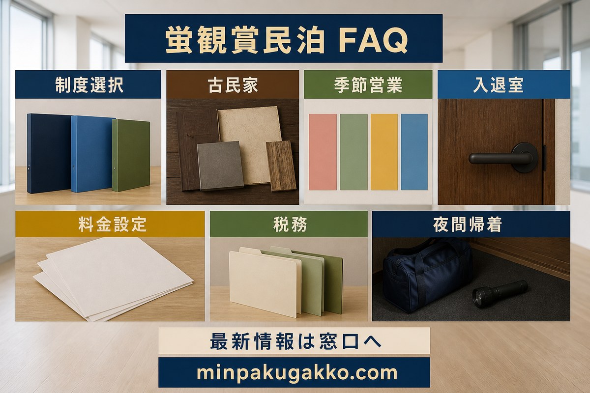 制度選択、古民家、季節営業、入退室、料金設定、税務、夜間帰着を整理した蛍観賞民泊のFAQ図