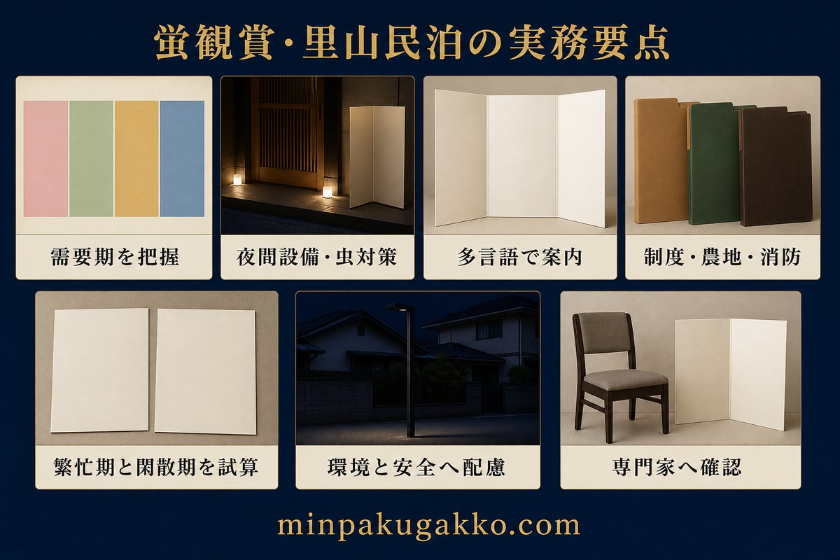 需要期、夜間設備と虫対策、多言語案内、制度と農地と消防、繁忙期と閑散期、環境と安全、専門家確認を整理した実務要点図