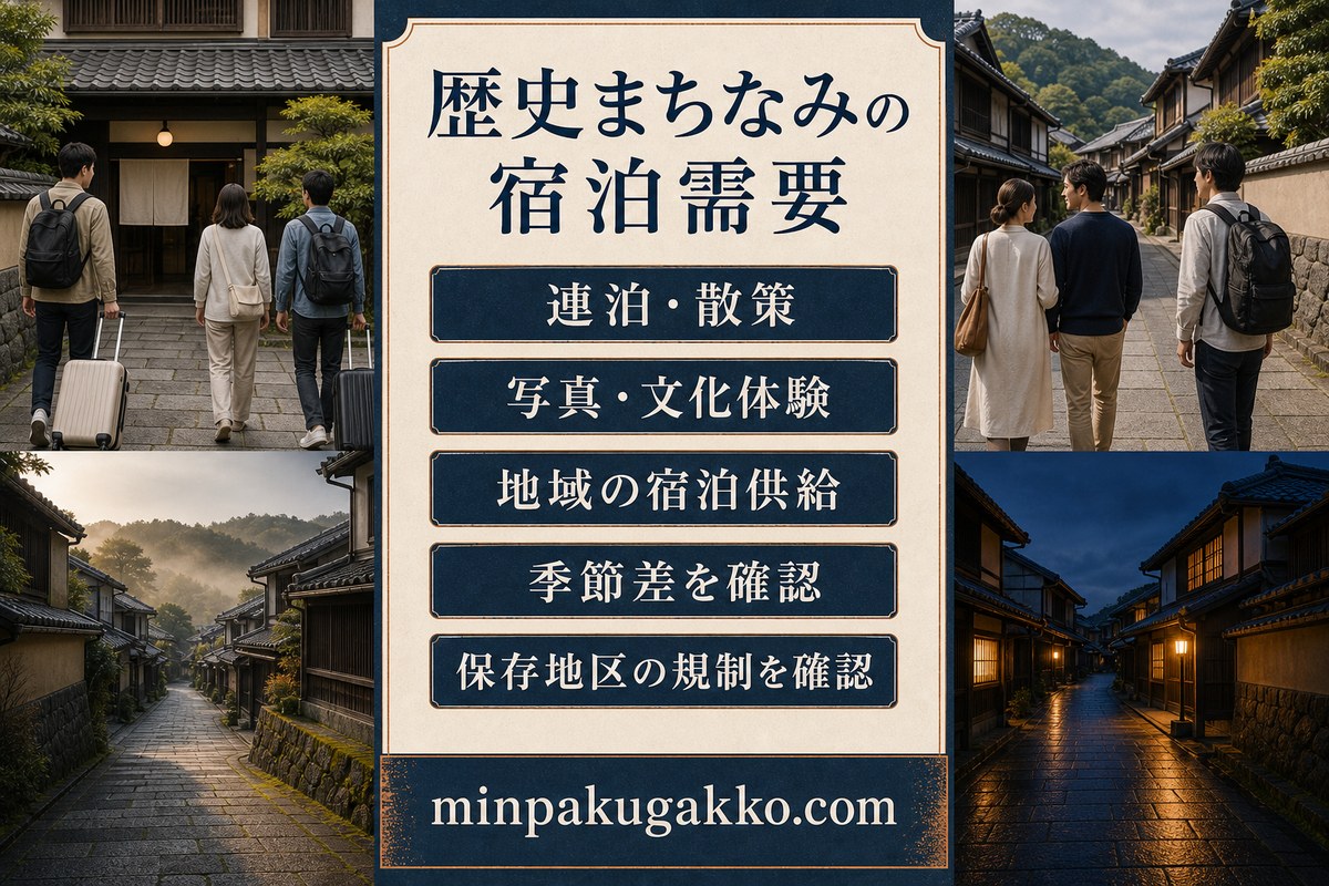 連泊や散策、写真と文化体験、地域の宿泊供給、季節差、保存地区の規制を整理した歴史まちなみの宿泊需要図
