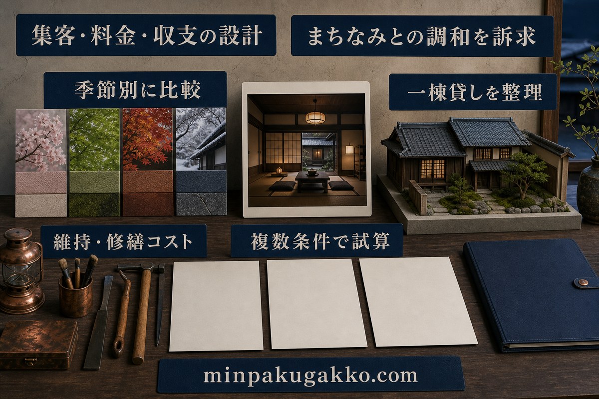 まちなみとの調和、季節別料金、一棟貸し、維持修繕費を複数条件で試算する集客収支図