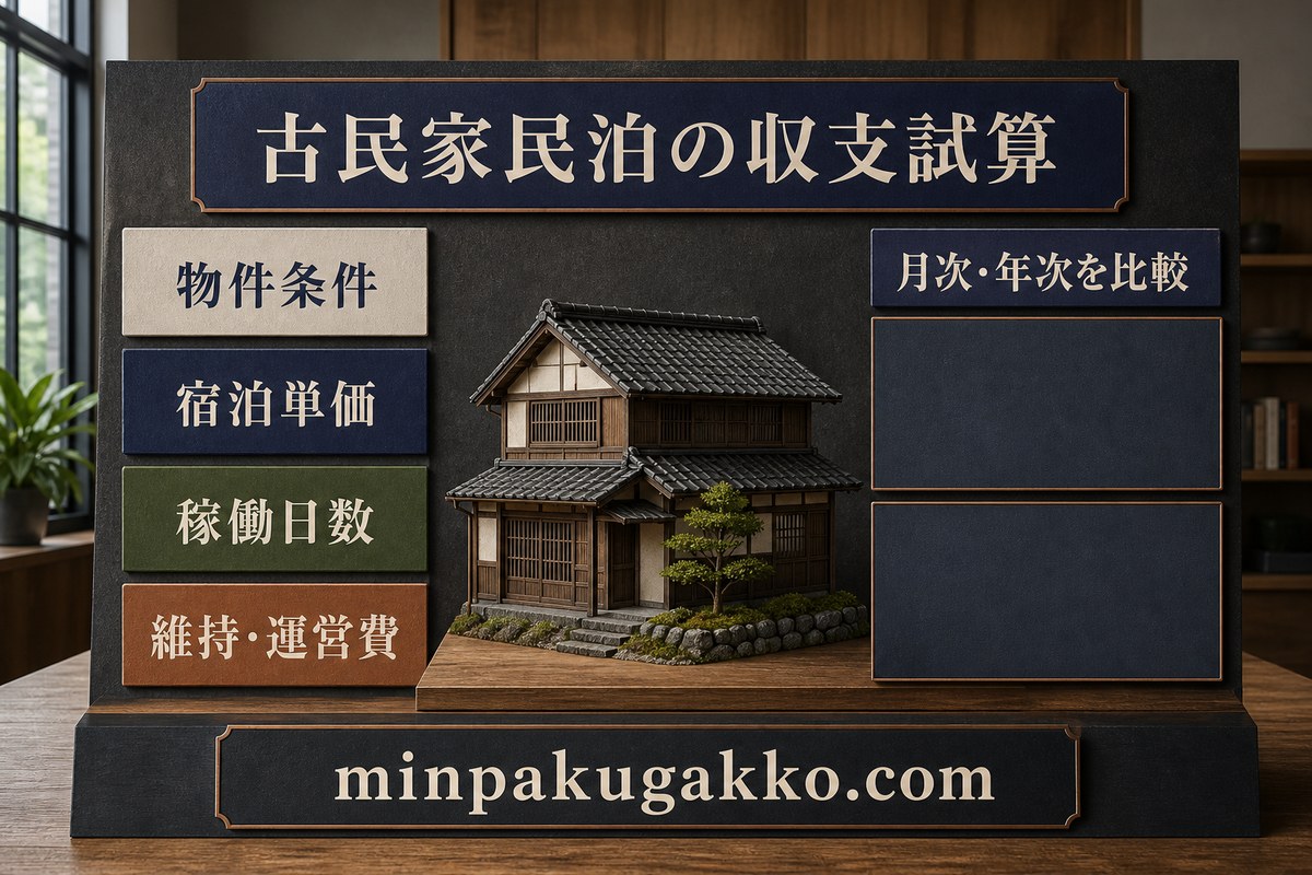 物件条件、宿泊単価、稼働日数、維持費、運営費から月次と年次を比較する古民家民泊の収支試算図