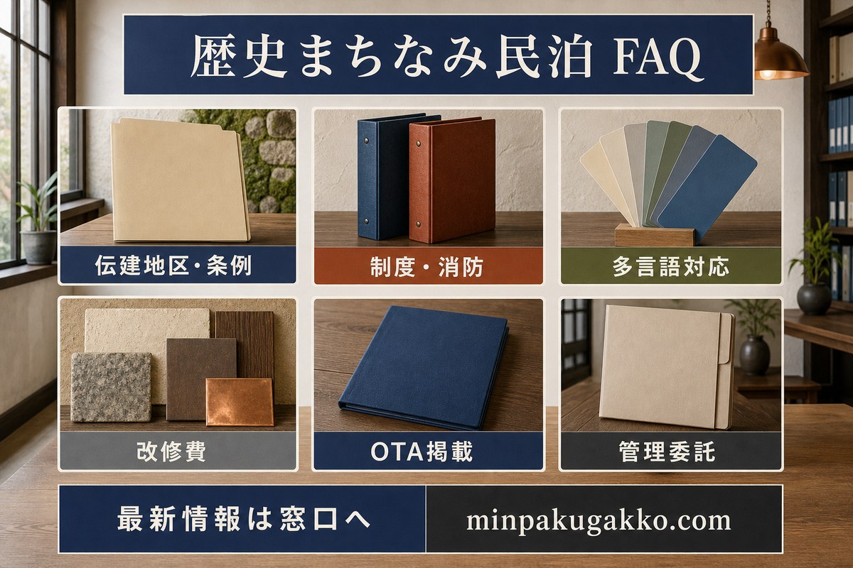 伝建地区と条例、制度と消防、多言語対応、改修費、OTA掲載、管理委託を整理した歴史まちなみ民泊のFAQ図