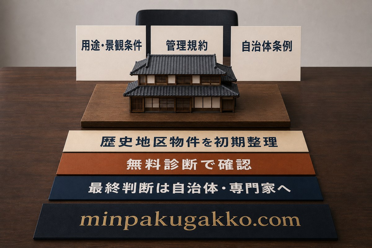 用途と景観条件、管理規約、自治体条例から歴史地区物件を初期整理し、自治体と専門家の最終確認につなげる無料診断図