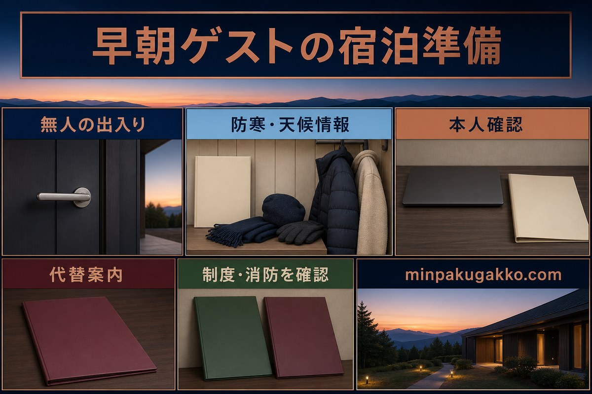 無人の早朝出入り、防寒と天候情報、本人確認、代替案内、制度と消防を整理した宿泊準備図