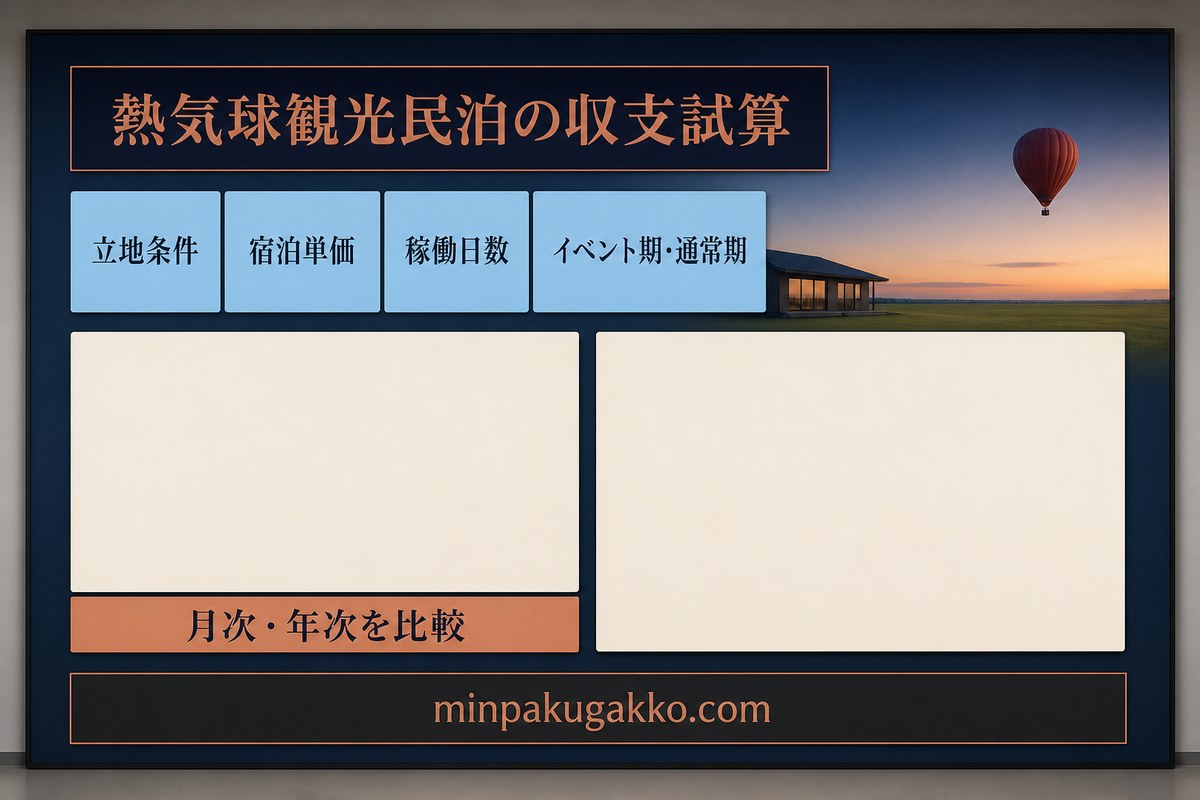 立地条件、宿泊単価、稼働日数、イベント期と通常期から月次と年次を比較する熱気球観光民泊の収支試算図