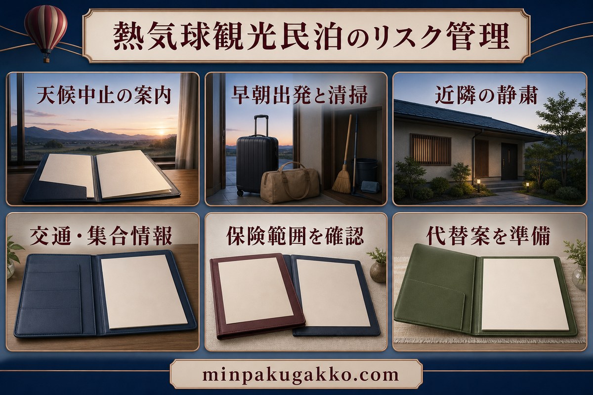 天候中止、早朝出発と清掃、近隣の静粛、交通と集合情報、保険、代替案を整理したリスク管理図