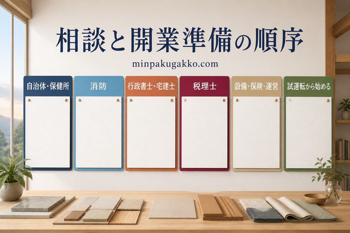 自治体と保健所、消防、行政書士と宅建士、税理士、設備と保険と運営を確認して試運転から始める開業準備図