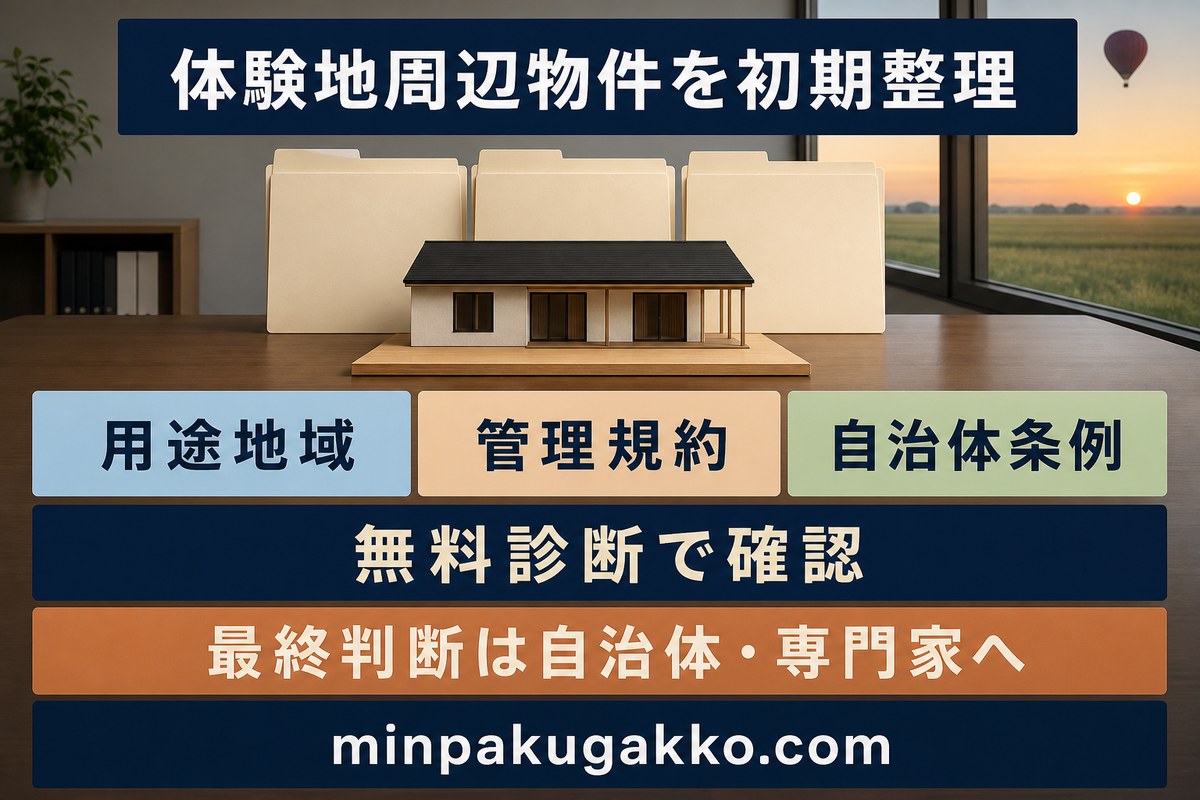 用途地域、管理規約、自治体条例から熱気球体験地周辺物件を初期整理し、自治体と専門家の最終確認につなげる無料診断図
