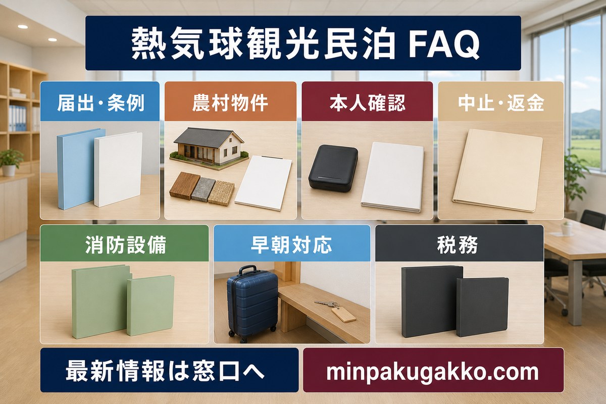 届出と条例、農村物件、本人確認、中止と返金、消防設備、早朝対応、税務を整理した熱気球観光民泊のFAQ図