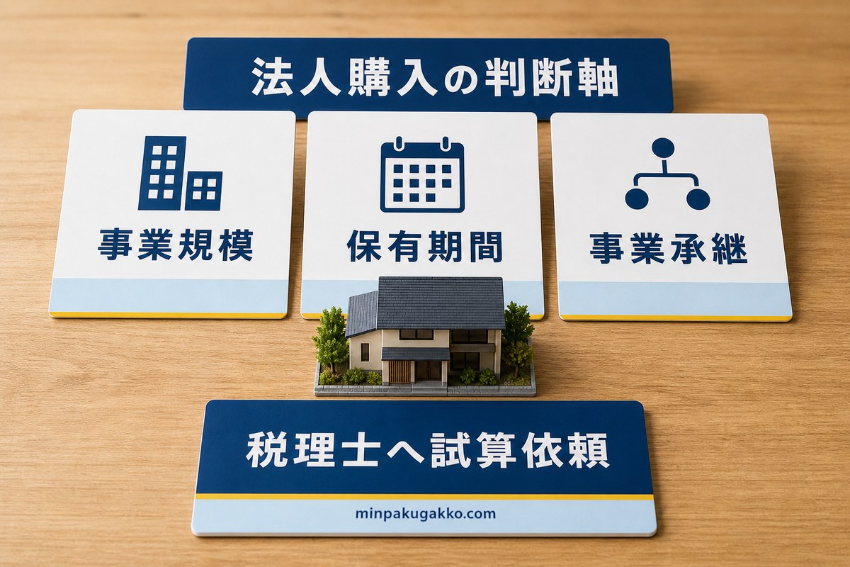 民泊物件の法人購入を事業規模・保有期間・事業承継で判断する図