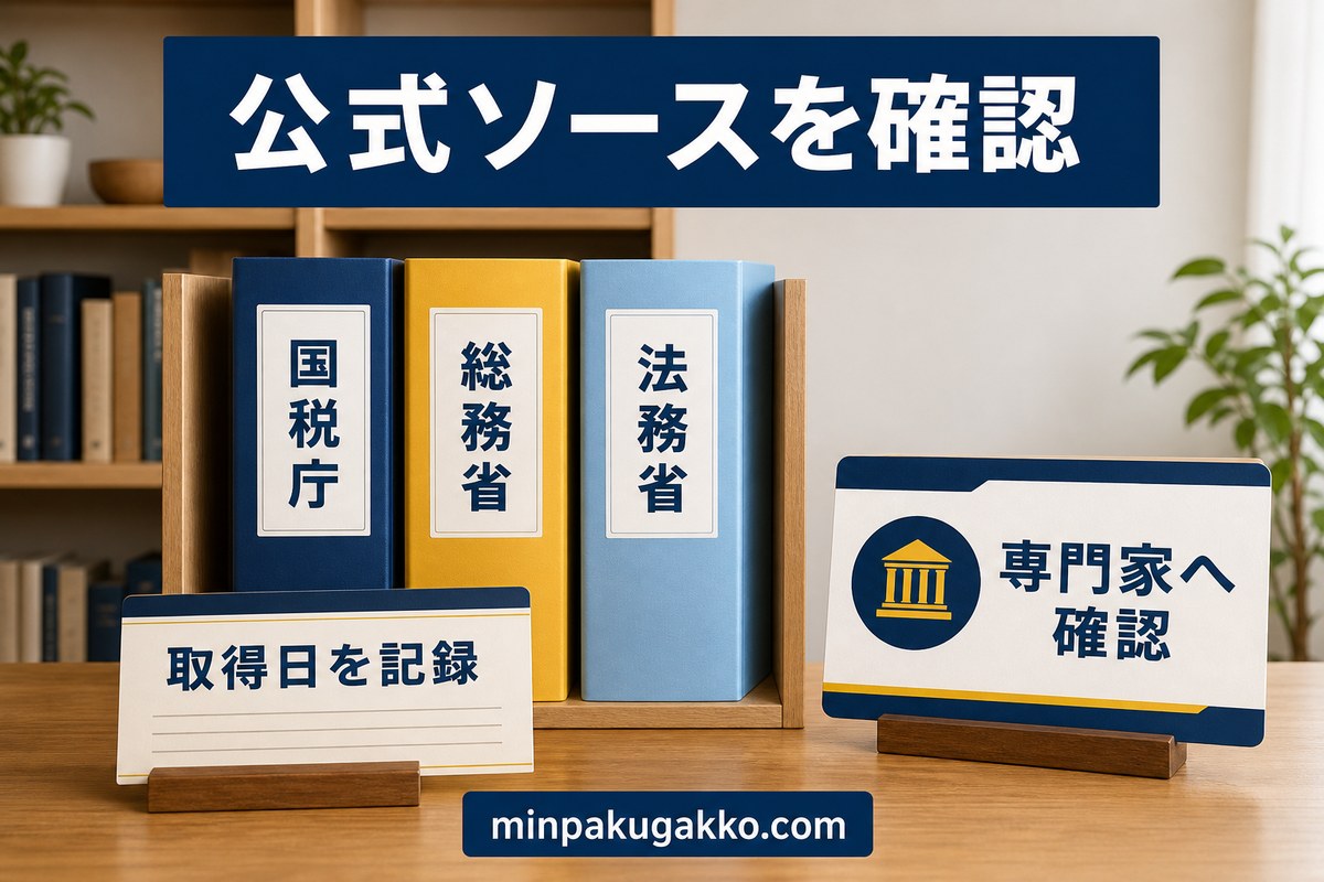 法人名義購入で確認する公式ソースを整理した図
