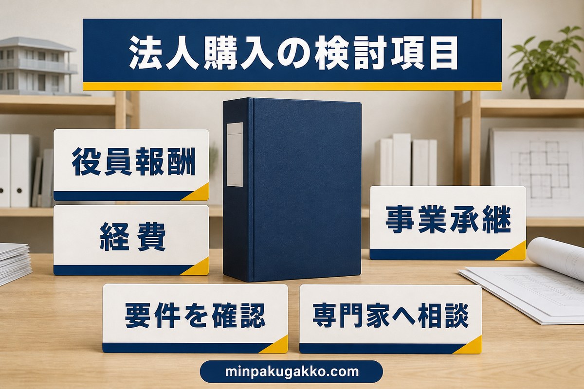 法人購入で検討する役員報酬・経費・事業承継の図