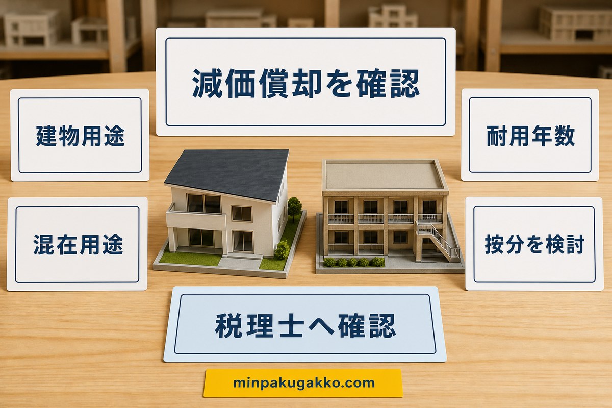 旅館業用途の減価償却で建物用途・耐用年数・按分を確認する図