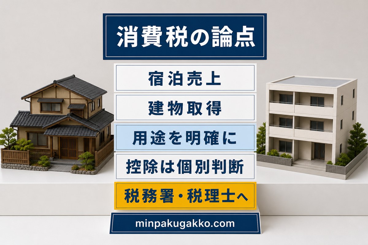 民泊・旅館業の消費税で宿泊売上・建物取得・用途を確認する図