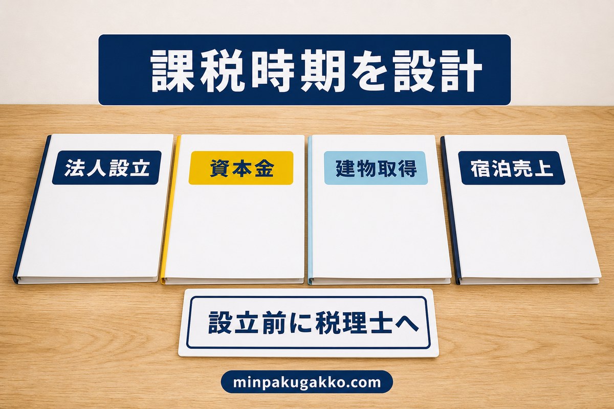 新設法人の消費税で法人設立・資本金・建物取得・宿泊売上の時期を整理する図