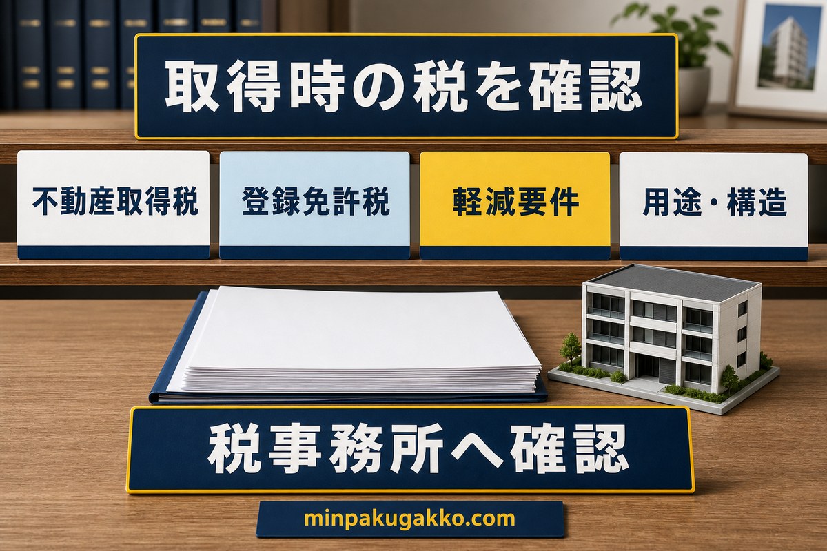 法人名義の物件取得時に不動産取得税・登録免許税・軽減要件を確認する図