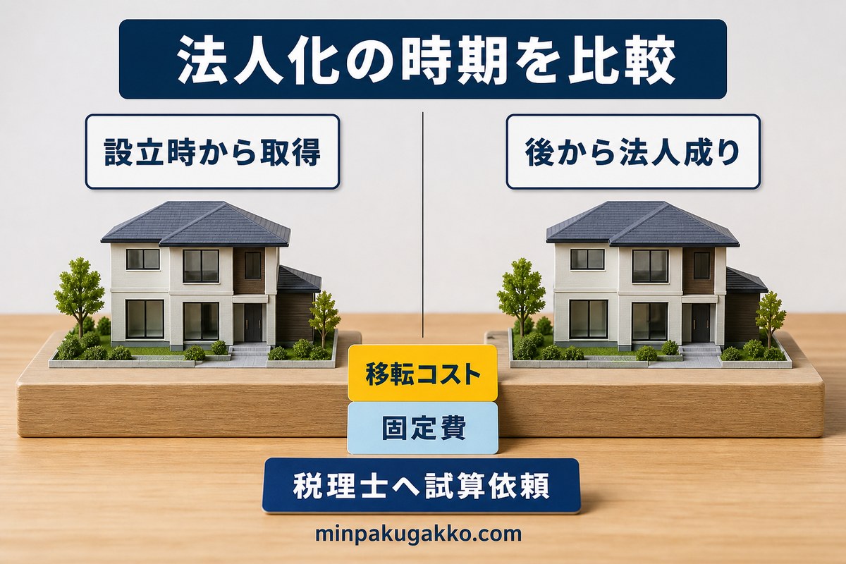 民泊物件を設立時から取得する場合と後から法人成りする場合を比較する図